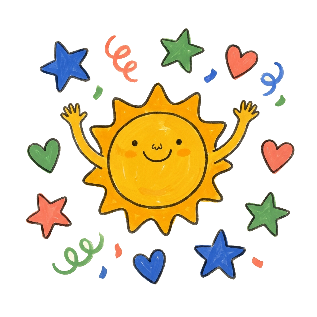 Beam Bento celebration illustration, confetti and a happy sun.