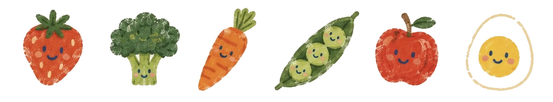 A row of smiling watercolor fruit and vegetable characters.